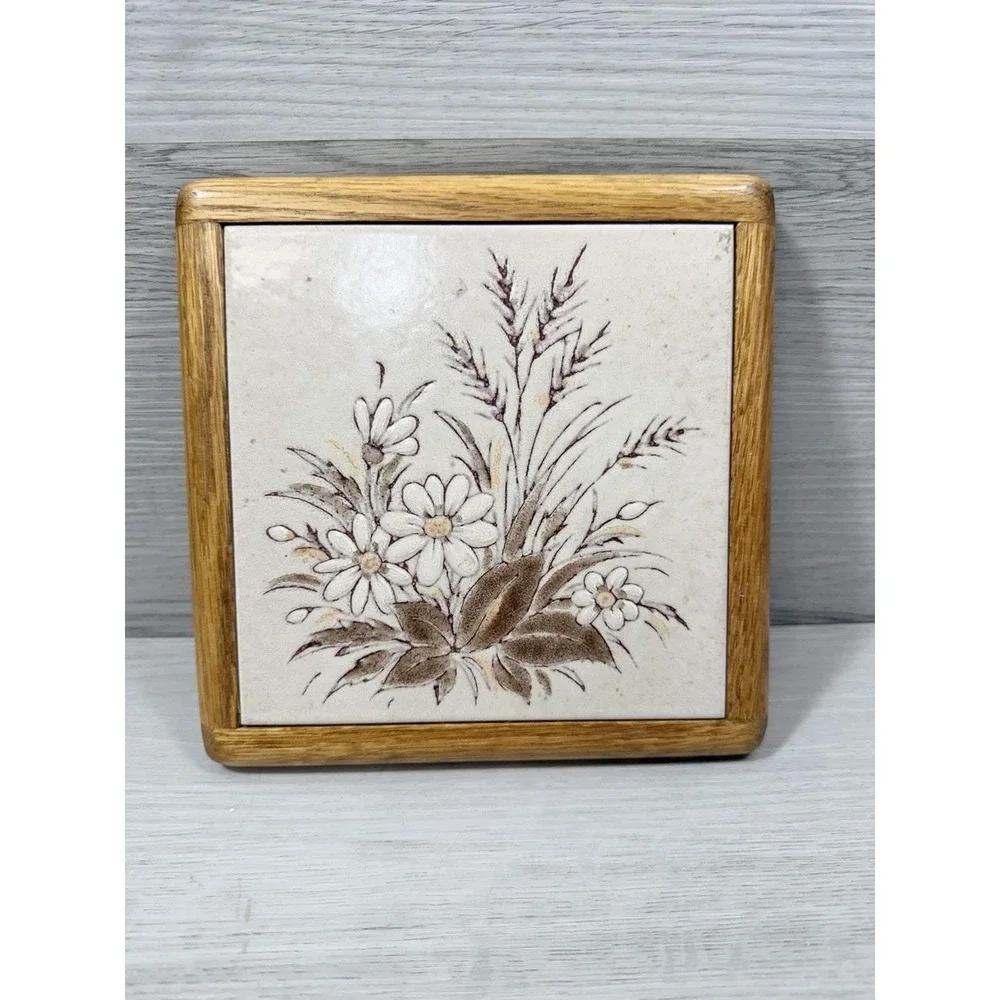 Ceramic Tile Trivet Oak Wood Frame Floral Daisy Wheat Boho Cottagecore